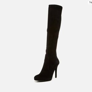 STUART WEITZMAN Give It Up Knee High High Heel Black Suede Boots size 8 in EUC
